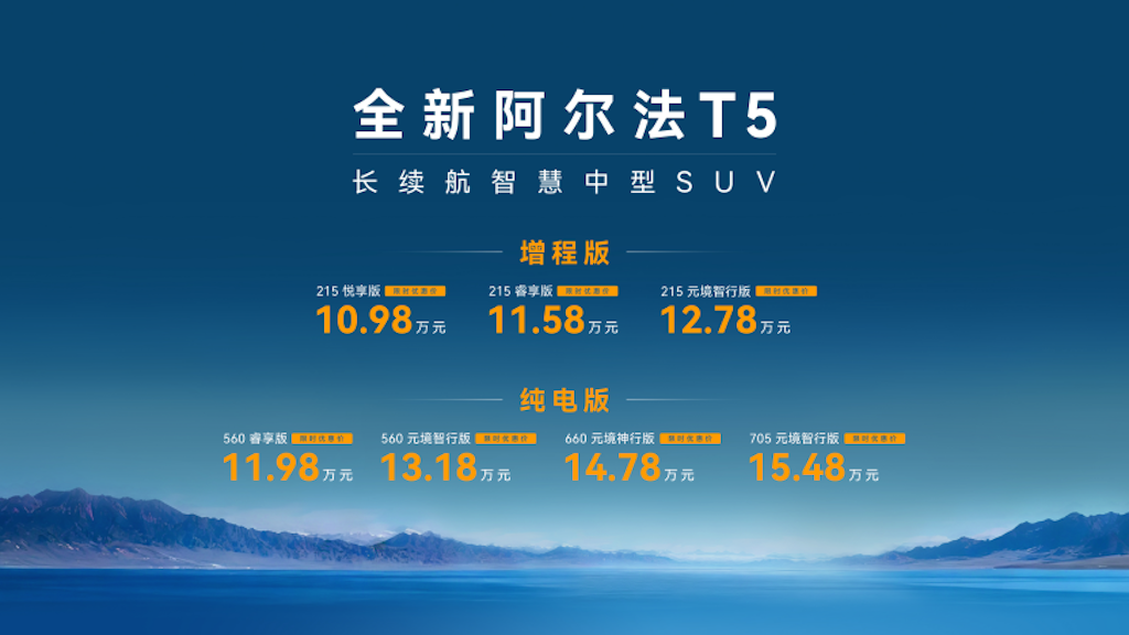 左揽元境智行 右享神擎增程，全新阿尔法T5上市10.98万起